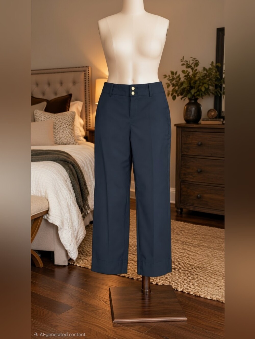 Chico’s Navy Wide-Leg Cropped Pants with Gold Buttons SZ 10